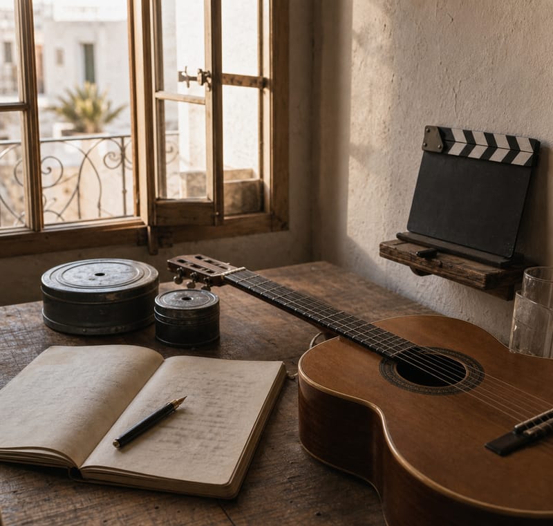 Bodegón de 1966 junto a una ventana: guitarra acústica, cuaderno manuscrito, bobinas de película y claqueta