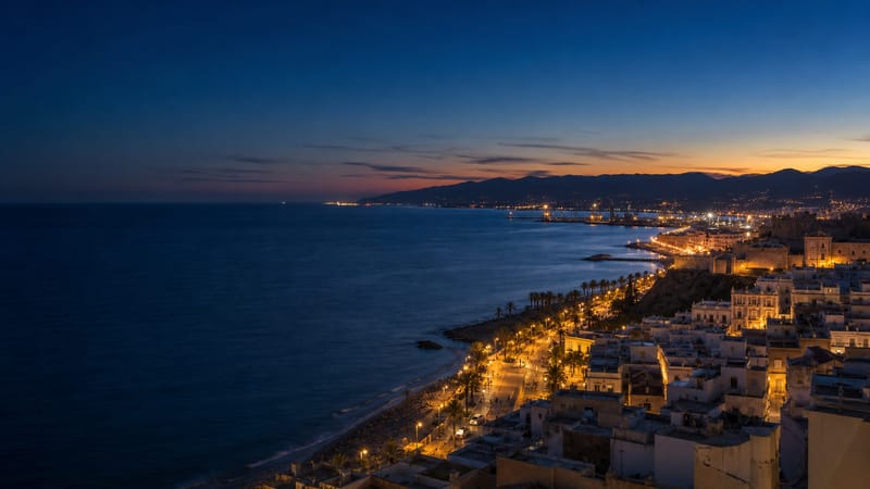 La bahía de Almería en calma con la última luz del día