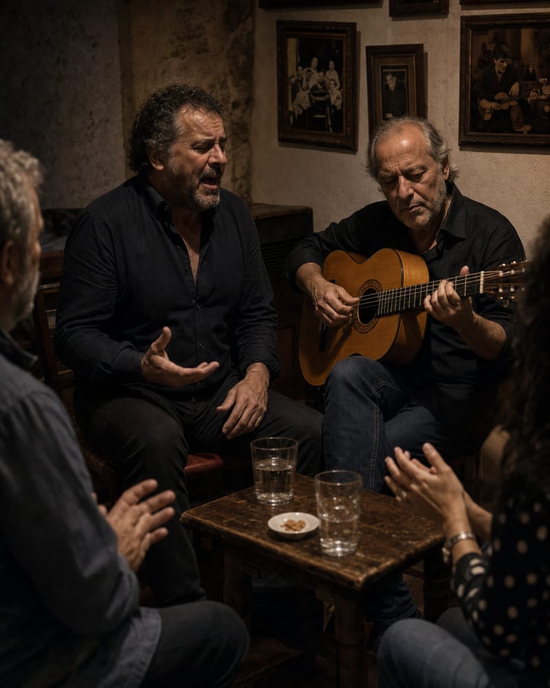 Cantaor y guitarrista compartiendo una noche de flamenco en una peña