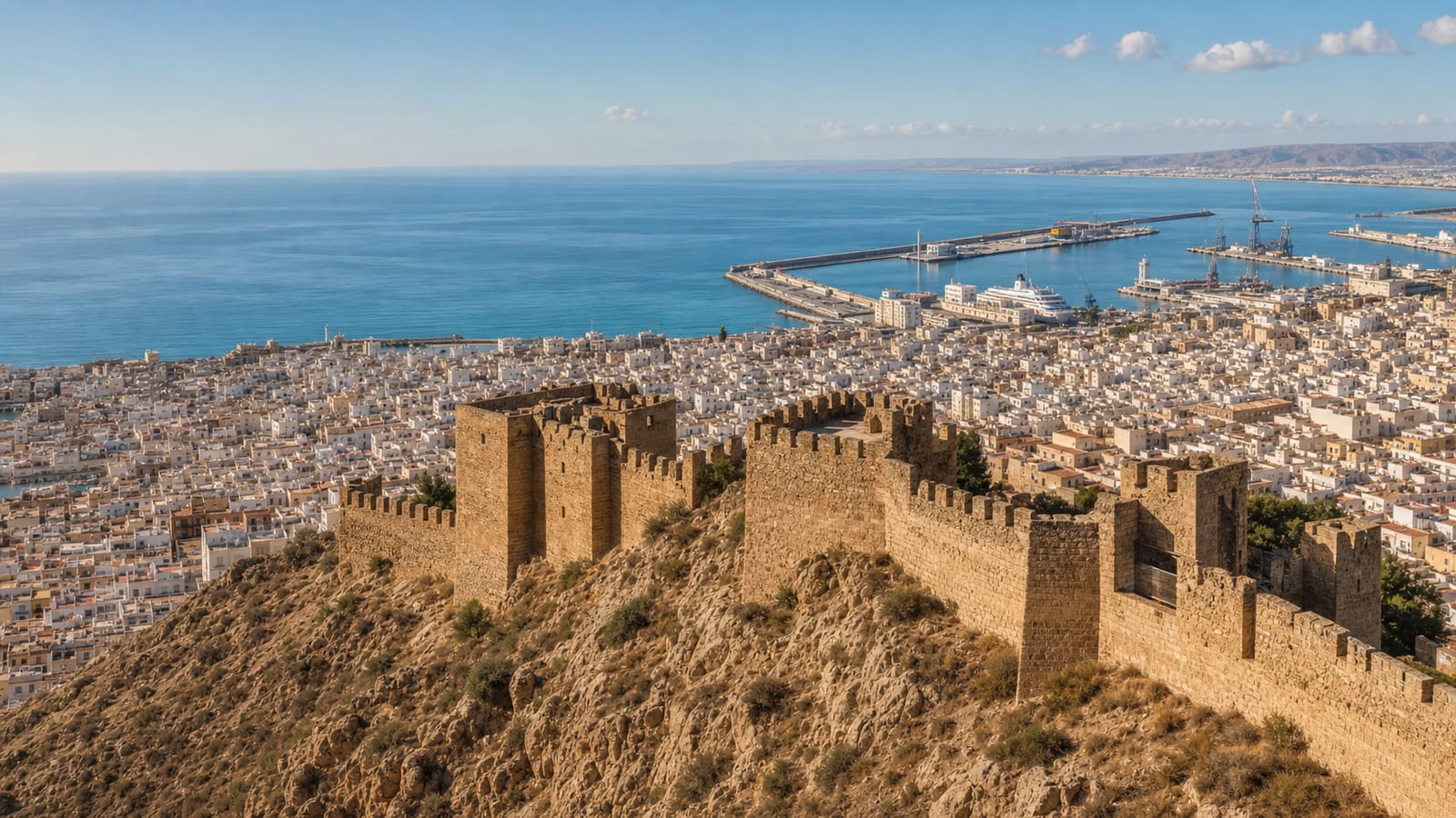 La Alcazaba y sus murallas sobre el caserío blanco de Almería, con el puerto y la bahía al fondo