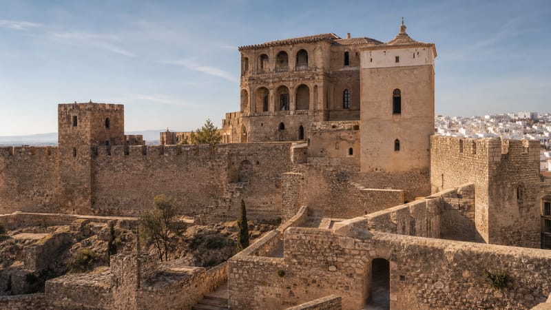 Murallas y torres de la Alcazaba junto al caserío tras la conquista cristiana