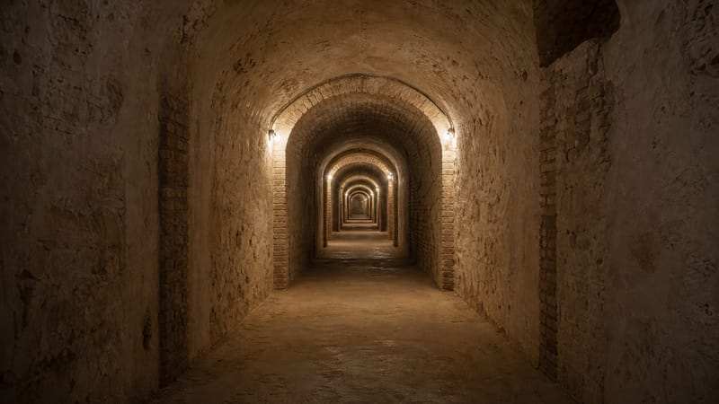 Galería subterránea abovedada de los refugios de la guerra civil, iluminada con luz cálida