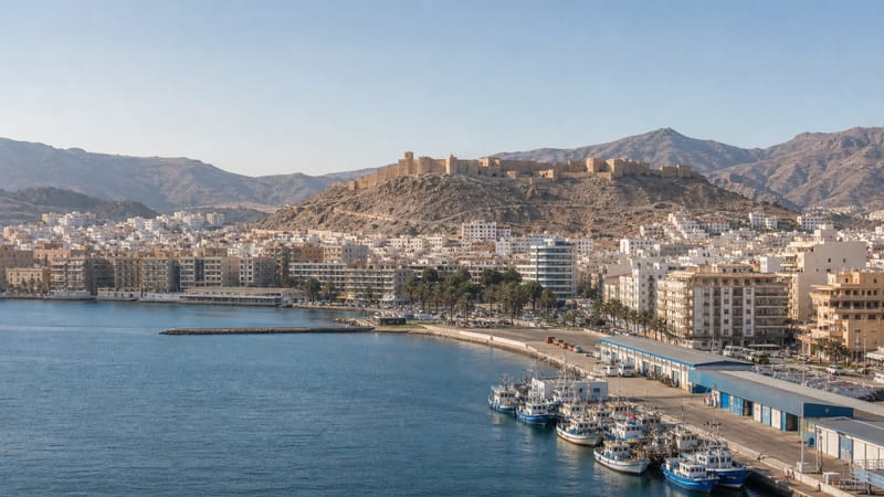 Veleros frente al puerto de la taifa de Almería, con la medina al pie de la fortaleza