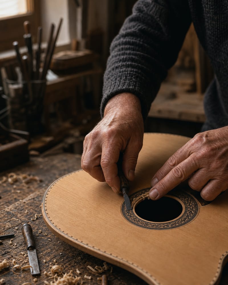 Manos de un luthier trazando la roseta de una guitarra en su taller