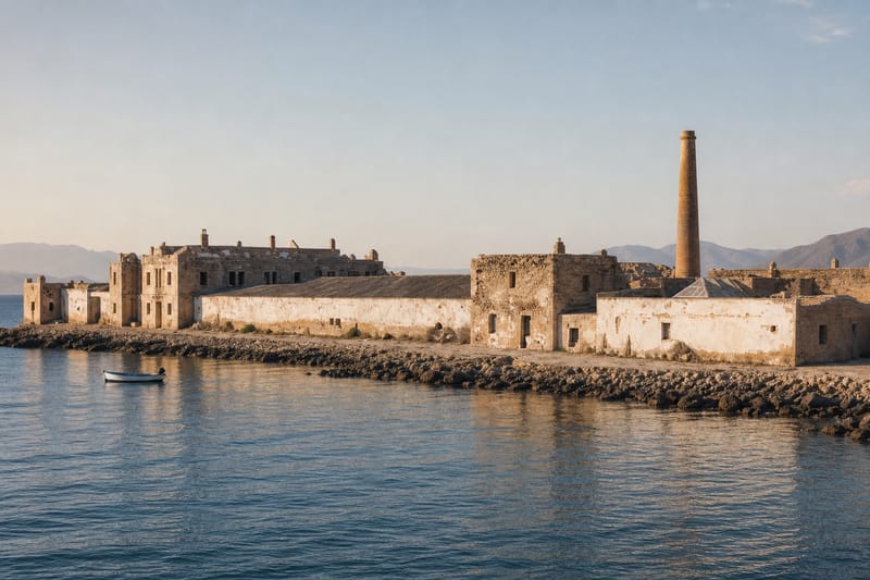 Las antiguas edificaciones salineras de la Almadraba de Monteleva junto al mar