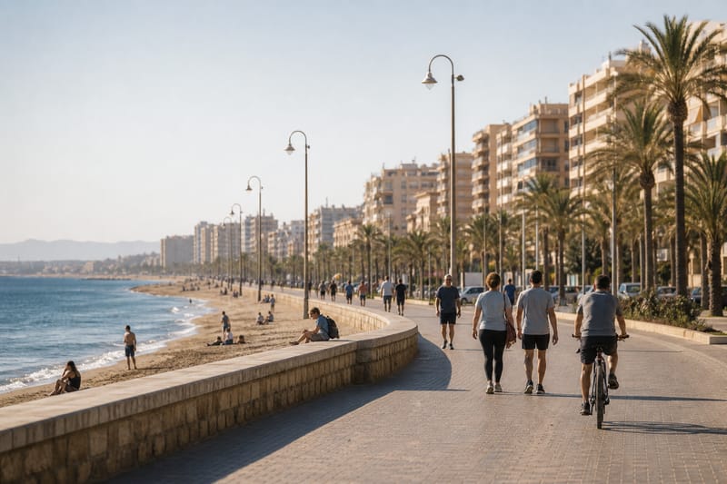 Paseantes y ciclistas en el Paseo Marítimo al caer la tarde