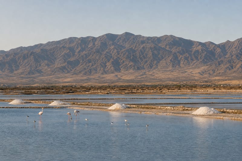 Montículos de sal y láminas de agua en las salinas, con aves al fondo
