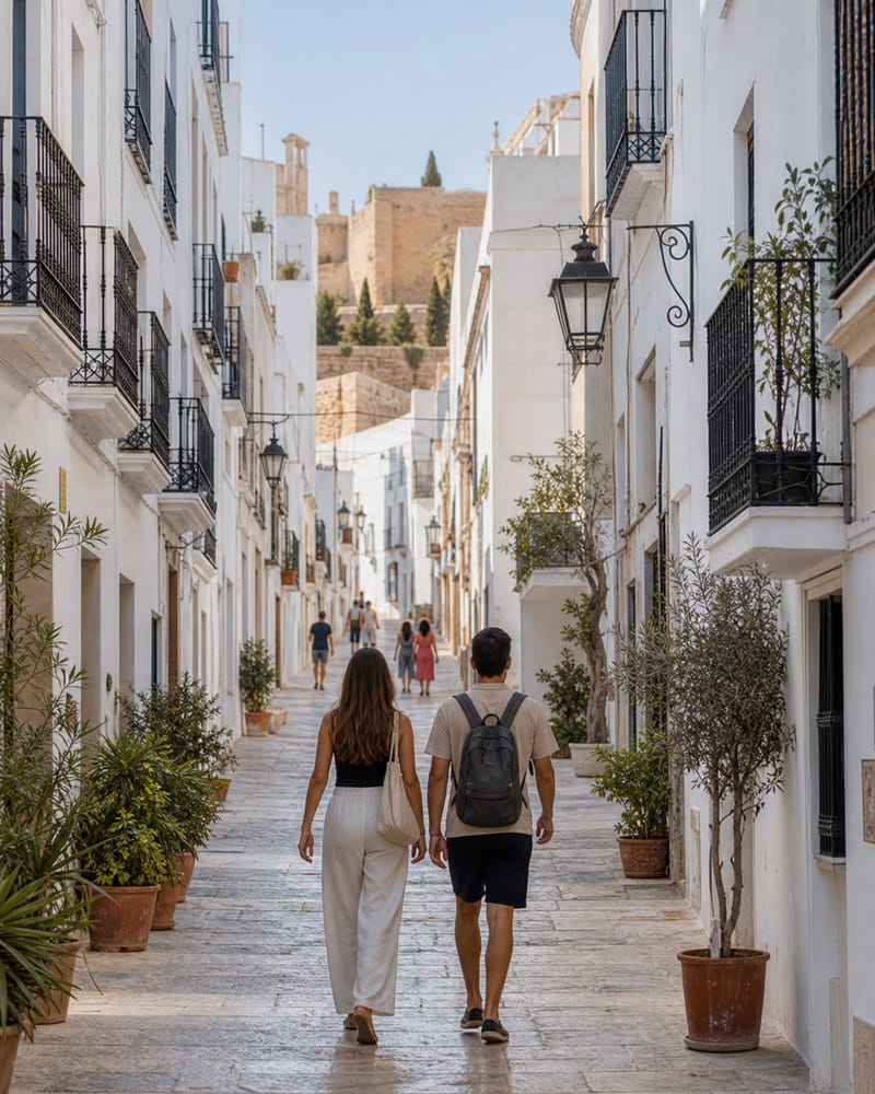 Dos personas paseando por una calle encalada de la Almedina