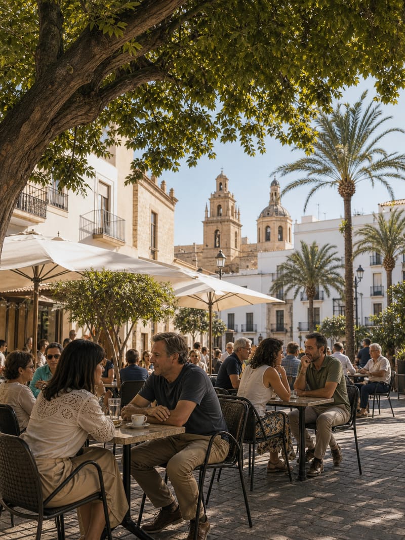 Terraza a la sombra de los árboles en una plaza del centro