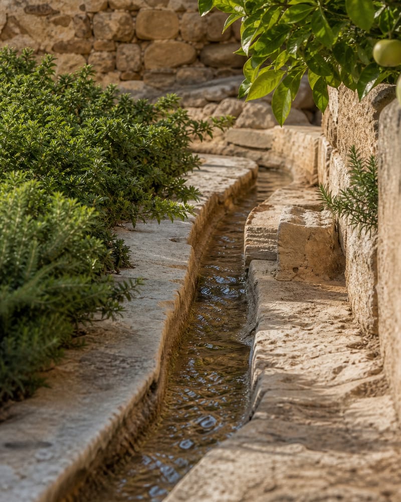 Detalle de piedra, agua y vegetación en la Alcazaba