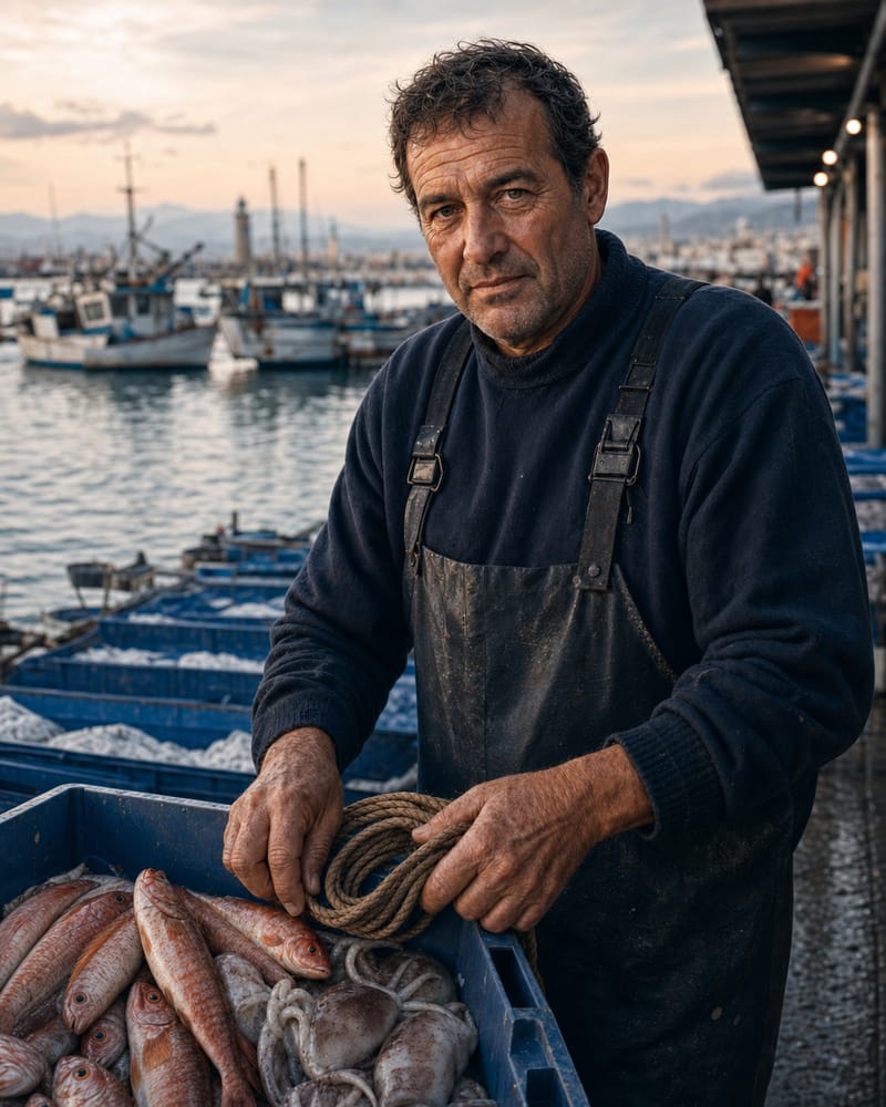 Retrato de un pescadero con género fresco en el mercado