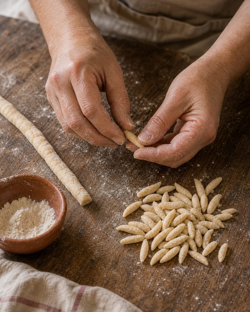 Manos formando gurullos, pequeñas pastas artesanales almerienses, sobre una mesa enharinada