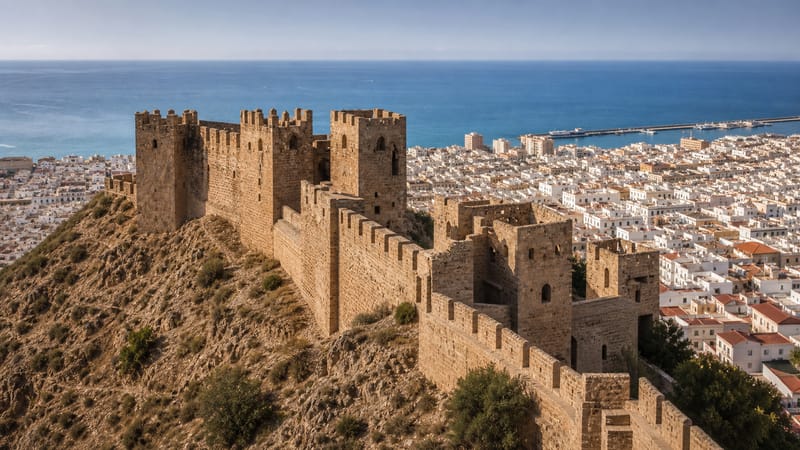 Las murallas de la Alcazaba dominando el caserío blanco y la bahía