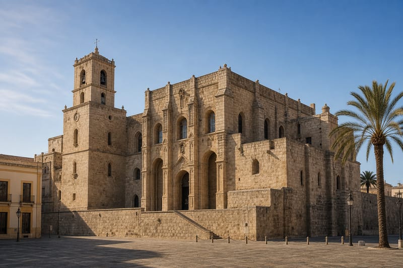 La catedral fortaleza de la Encarnación con sus contrafuertes y palmeras
