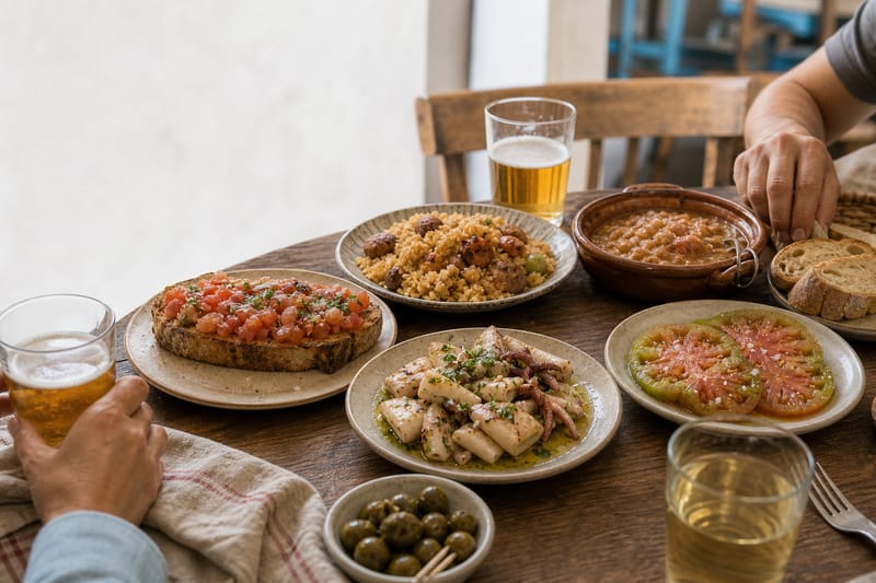 Tapas variadas dispuestas sobre una mesa de bar en Almería