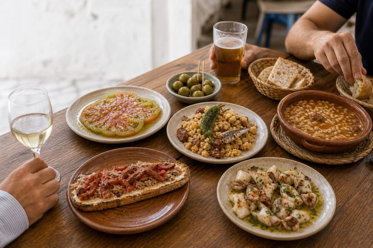Mesa de tapas almeriense con chérigan, migas, gurullos, jibia y tomate RAF, compartida al atardecer