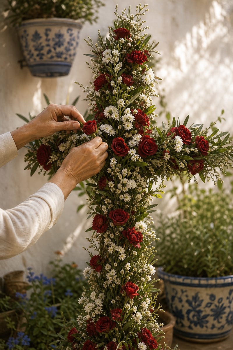 Manos preparando una cruz de mayo cubierta de flores rojas y blancas junto a cerámica azul
