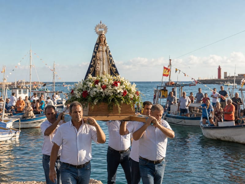 Procesión marinera de la Virgen del Carmen a bordo de barcas engalanadas