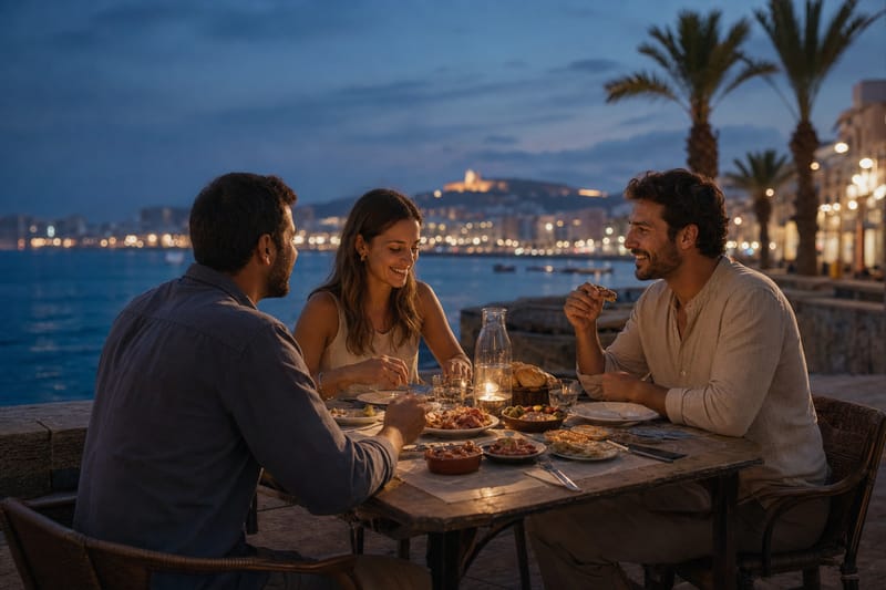 Cena de tapas frente al puerto iluminado